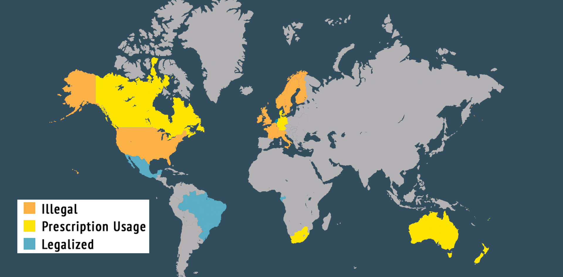 map showing legal status of ibogaine around the world